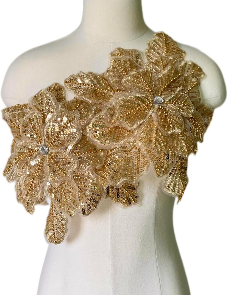 JRYYR Handmade Rhinestone lace Appliques, Sequin Flower Patches, Sewing Beaded Appliques for Dresses, Wedding Dresses, Bags and Other DIY Decorative Accessories (Gold-08) - Image 2